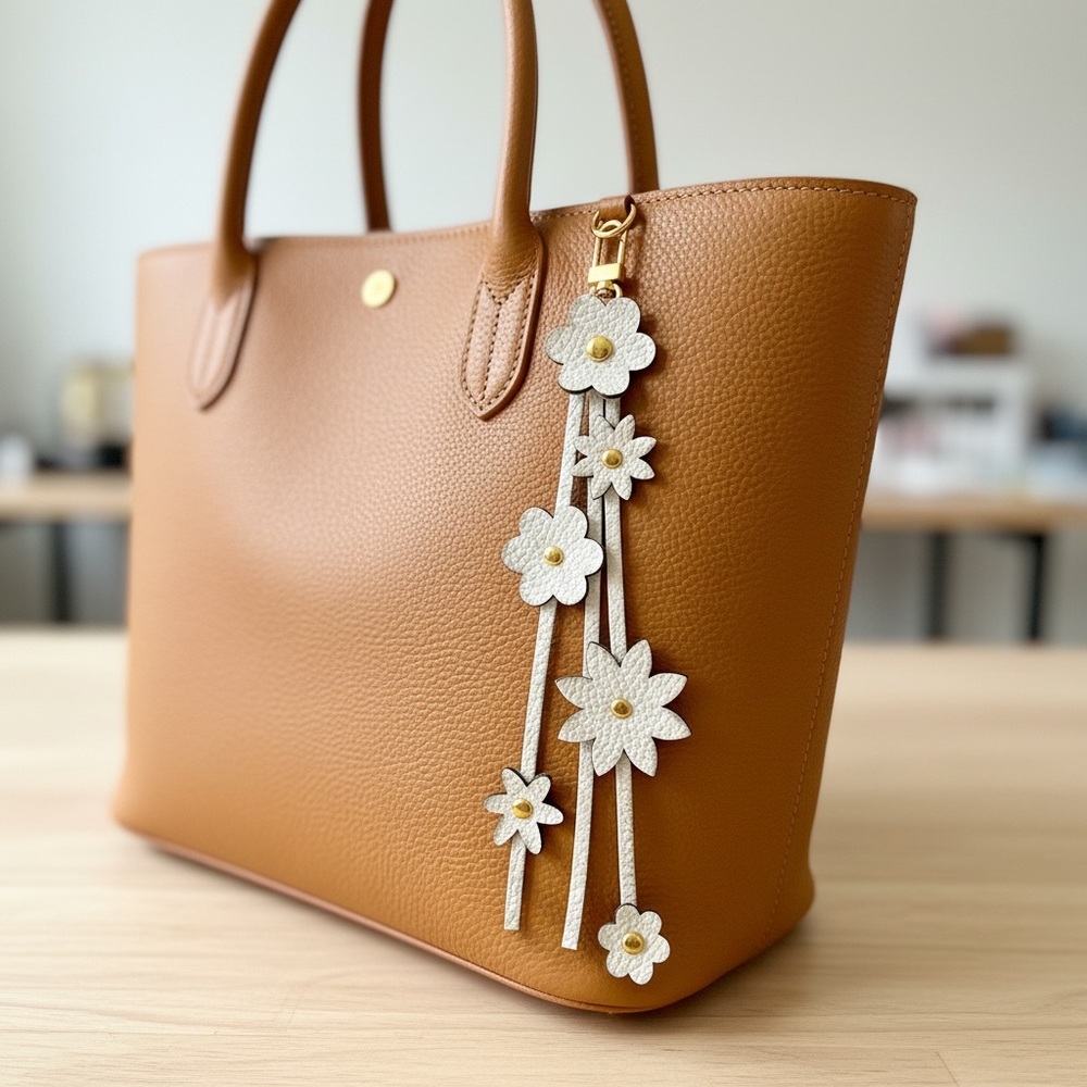 Floral Tassel Leather Bag Charm - White - Picture 1 of 8